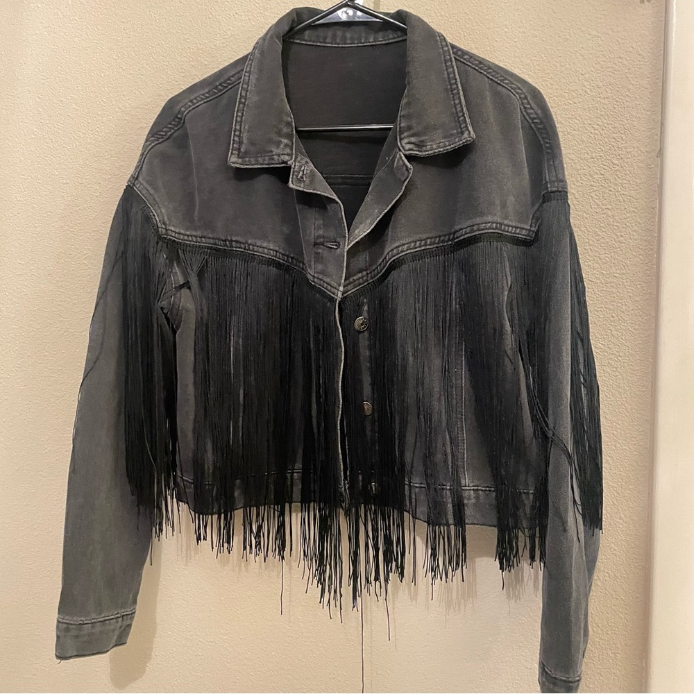 Black denim fringe jacket